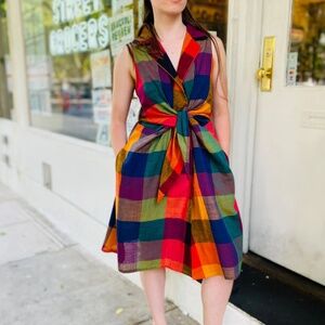 Rujuta Sheth bright rainbow plaid tie front knee length plus size dress